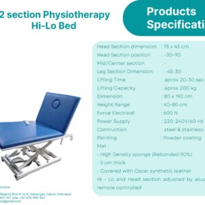 2 section Physiotherapy Hi-Lo Bed 1 Motor (Naik-Turun Saja), Reclining Kepala Hidrolik